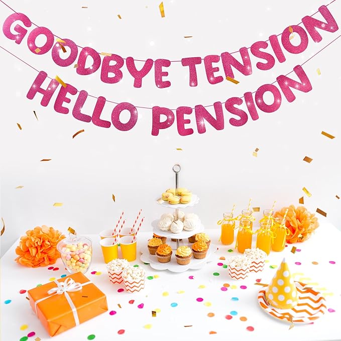 Retirement Banner Pre-Strung GOODBYE TENSION HELLO PENSION Banner Glitter Retirement Party Supplies Decorations for Women Men Office Home Decor (Hot pink)