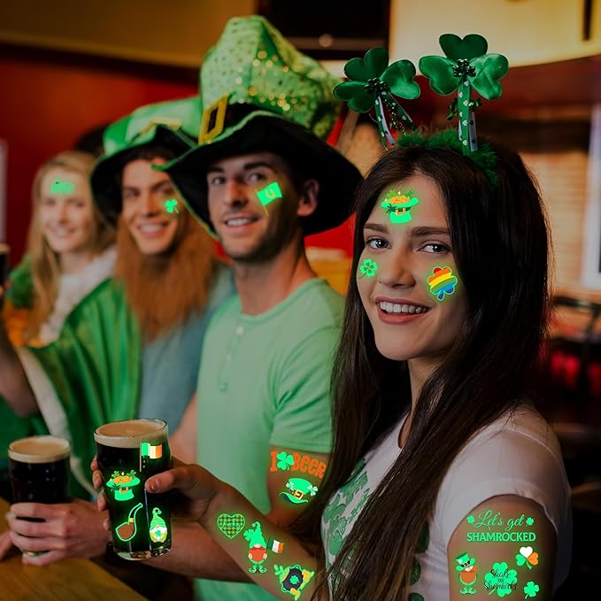 99 Pcs St Patricks Day Tattoos, 12 Sheet Luminous St Pattys Tattoos Saint Clover Accessories Temporary Tattoos Glow in the Dark Irish Shamrocks Decorations for Home Saint Patricks Gifts