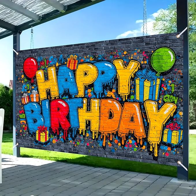 Nuxovilar Happy Birthday Yard Banner - 71x43 inches, Graffiti-Inspired Design Decorations Large Happy Birthday Banner Supplies Colorful Fence Outdoor & Indoor Giant Sign Backdrop
