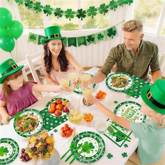 Green Party Supplies Set 168 PCS Clover Tableware Kit Disposable Plates Cups Napkins Cutlery for Birthday Sports Party Lucky Theme Decorations
