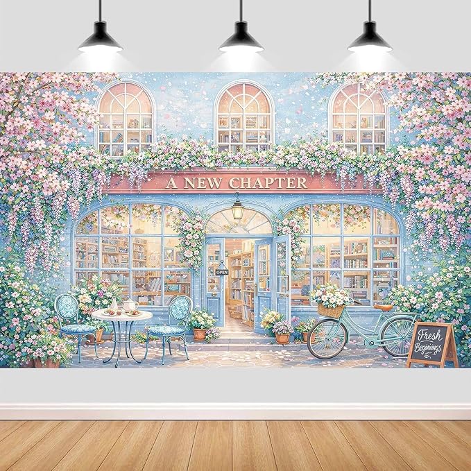 20X10ft A New Chapter Begins Backdrop Bridal Shower Blue Floral Book Shop Wedding Engagement Photography Background Bridal Shower Party Decoration Supplies Cake Table Photo Booth Studio Props