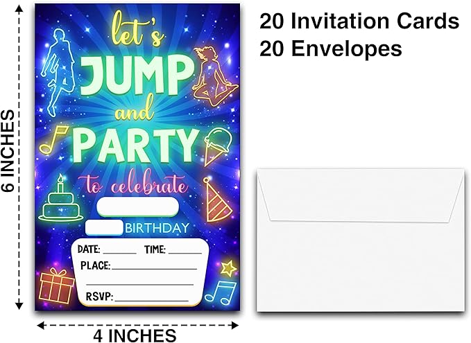 DETIHO 4" x 6" Jump Trampoline Birthday Party Invitation Cards With Envelopes - Let's Jump and Part - Bounce House Party Invitation - 20 Sets - E19