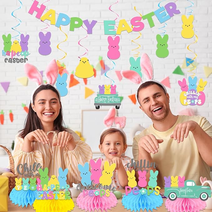 Easter Party Decorations, Easter Decorations Includes Happy Easter Banner Hanging Swirls Easter Party Supplies Honeycomb Centerpieces, Easter Bunny Decorations for Office Home Classroom Spring Party