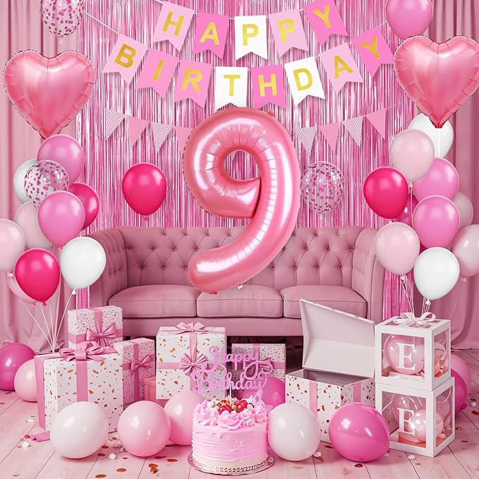 9th Birthday Decorations for Girls: Hot Pink Balloons, Happy Birthday Banner, Fringe Curtain, Cake Topper, Heart Balloons