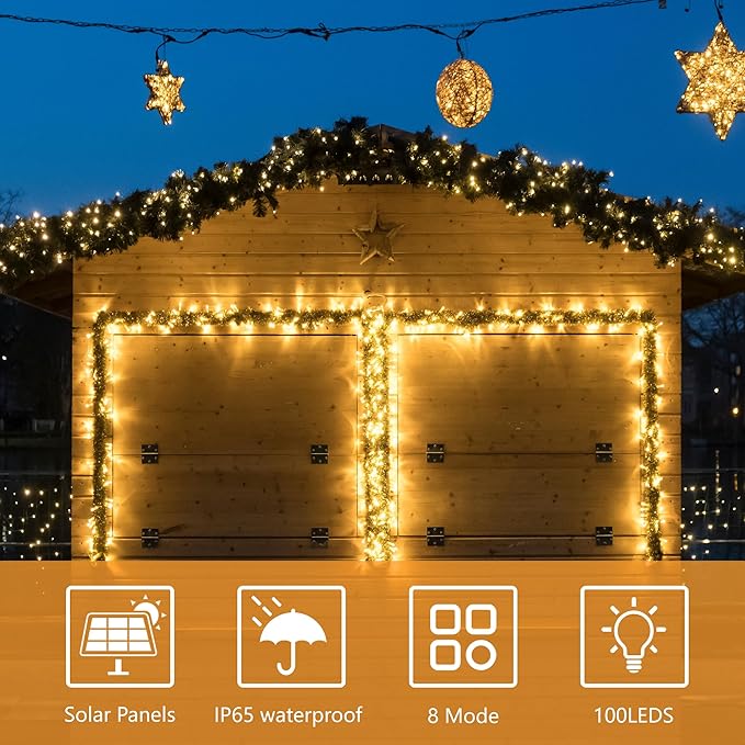 Solar String Lights for Outside, 39Ft 100 LED Solar String Lights Outdoor with 8 Modes ，Solar Christmas Lights Outdoor Waterproof for Yard, Fence,Balcony, Party,Christmas Tree Decorations (Warm White)