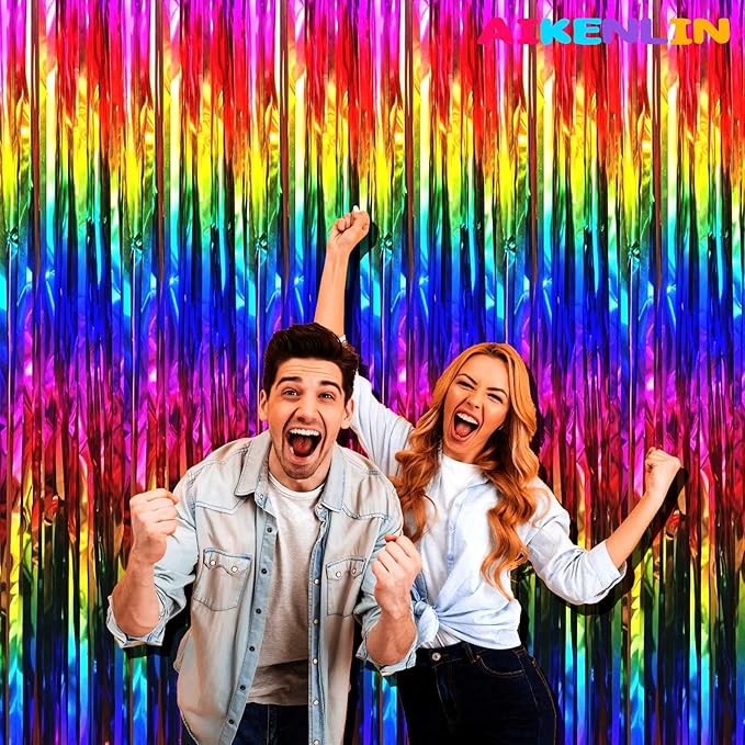 4 Pack 3.2Ft x 8.2Ft Rainbow Foil Fringe Curtain Backdrop, Metallic Tinsel Foil Fringe Streamers Curtains Background for Photo Booth, Birthday, Wedding, Disco, Bachelorette, Christmas Party Decoration