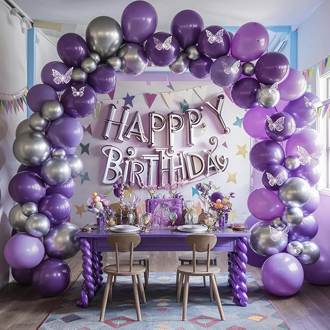 Purple Silver Balloon Arch Kit, Metallic Purple Silver Butterfly Balloons with Butterfly Stickers for Kids Butterfly Party Decorations Birthday Balloons Baby Shower Engagement Party Supplies