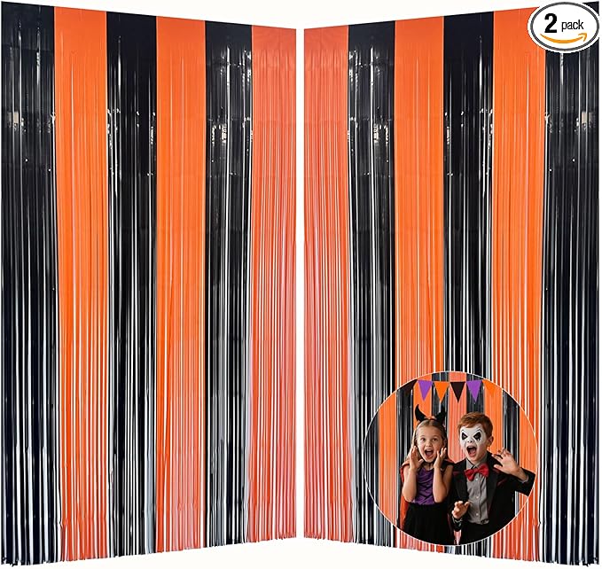 Halloween Party Decorations Indoor, Black and Orange Halloween Backdrop Foil Fringe Tinsel Curtains Streamer for Photography - 2 Packs, 3.28 x 6.56ft