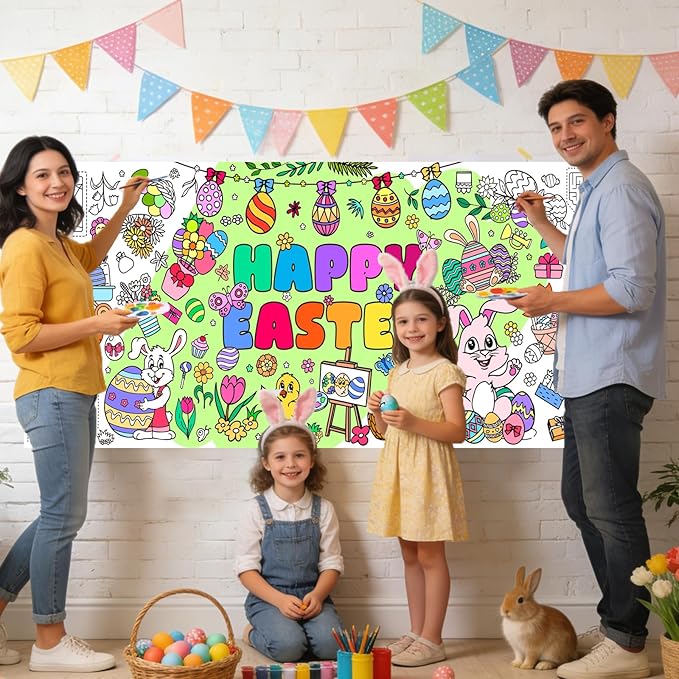 Easter Giant Coloring Poster for Kids,30x72 Inch Happy Easter Crafts Drawing Paper Coloring Tablecloth DIY Art Crafts for Kids Party Egg Bunny Themed Activity Home Classroom Party Suppiles