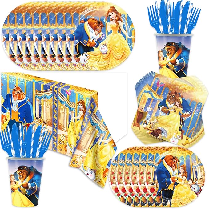 deenor 141pcs Beauty and The Beast Birthday Tableware Decorations Party Plates Cups Soccer Theme Napkins Beach Ball Tablecloth for Soccer Party Decoration (Beast)