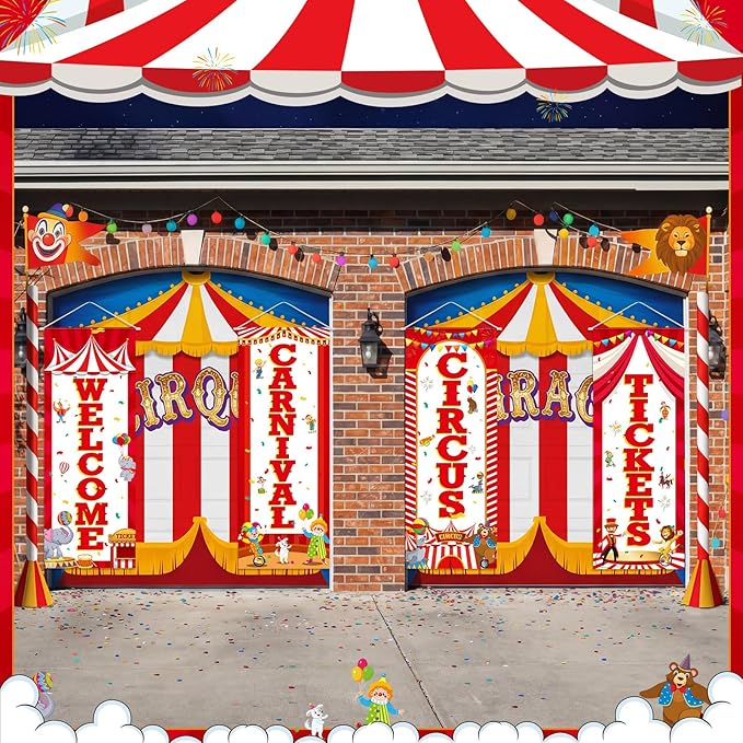 Panelee 4 Pcs Carnival Circus Party Decorations Welcome Carnival Circus Tickets Porch Banner Hanging Backdrop for Halloween Birthday Baby Shower Door Wall Indoor Outdoor Decor