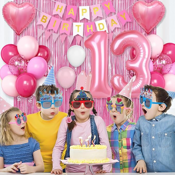 13th Birthday Decorations for Girls,Hot Pink 13th Birthday Balloons with Happy Birthday Banner Fringe Curtain Heart Foil Balloons for 13 Year Old Birthday Decor