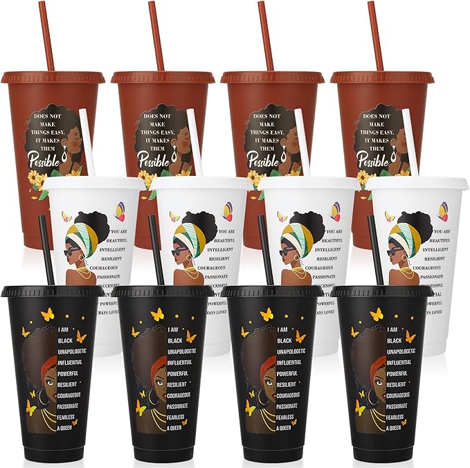 12 Pcs African American Cups with Lids and Straws, 24 oz Black Women Drinking Cups Black Owned Inspirational Gift for Women Lady