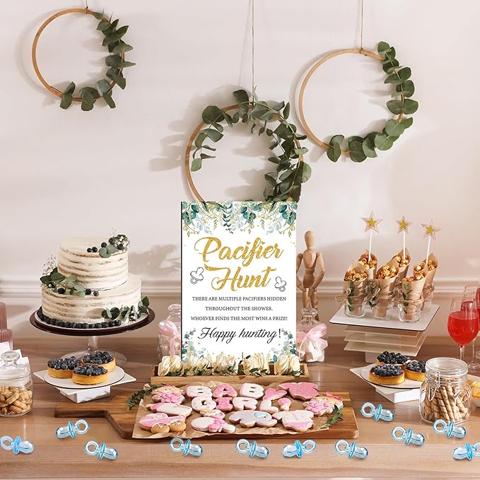 Thyle 51 Pcs Greenery Theme Pacifier Hunt Baby Shower Games Include Blue Hunt Sign and 50 Acrylic Pacifiers for Greenery Eucalyptus Baby Shower Game Decoration Gift Sets Gender Reveal Party Decor