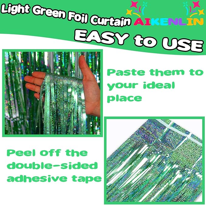 4 Pack 3.2Ft x 8.2Ft Light Green Foil Fringe Curtain Backdrop, Metallic Tinsel Foil Fringe Streamers Curtains for Photo Booth, Birthday, Wedding, Disco, Bachelorette, Christmas Party Decoration