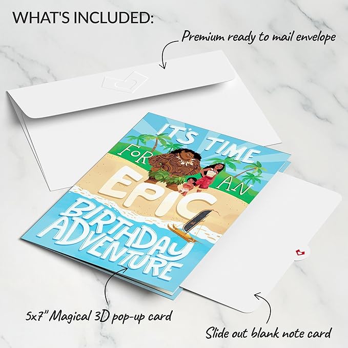 Lovepop Happy Birthday Pop-Up Card for Her and Him - Disney's Moana 3D Greeting Cards for Boys, Girls, Men, Women - 5" x 7" Card - Blank Note Card & Envelope Included