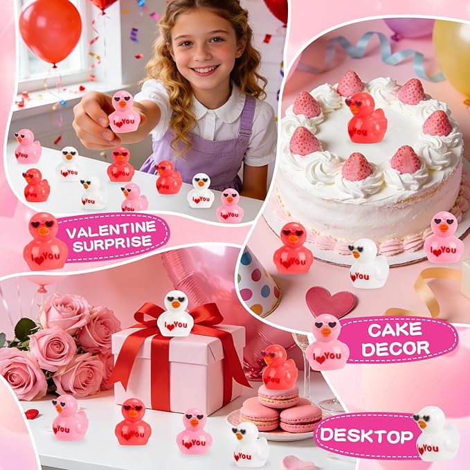 120 Pcs Valentines Day Resin Mini Ducks Valentine's Day Red Pink White Letter Tiny Resin Ducks Bulk Tiny Miniature Duck Figures for Home Tabletop Micro Garden Landscape Decoration Craft Party Favors