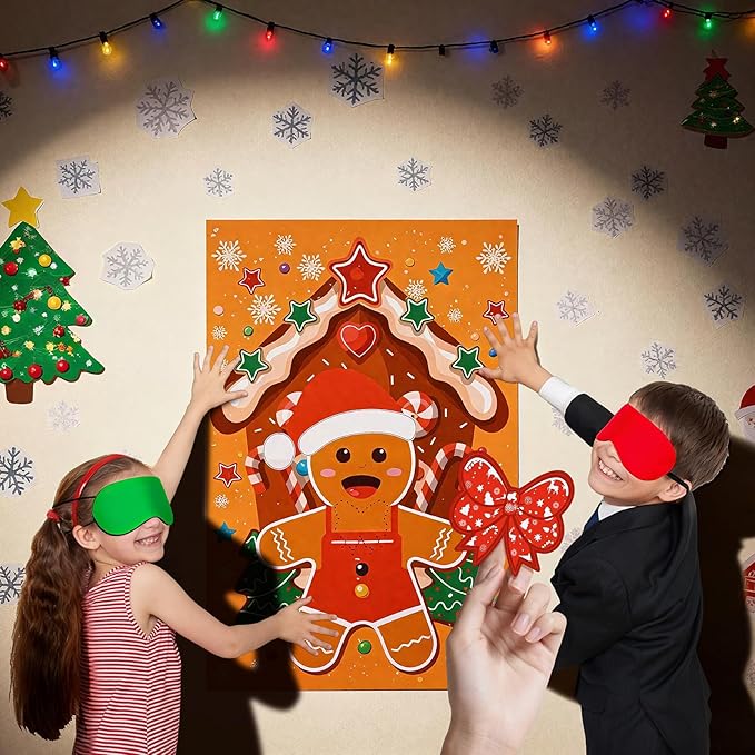 AUGSUN Christmas Party Games Pin The Bow Tie on The Gingerbread Man Activities Xmas Gingerbread Poster with Blindfold and Stickers for Christmas Activity Birthday Party Favor Supplies Family Gathering