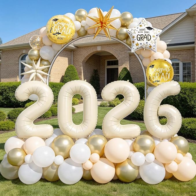 Sand White Gold Balloon Arch Kit, Graduation Balloon Garland Sand Gold White Balloons with Foil Star Confetti Balloons for 2026 College High School Graduation Decorations Class of 2026