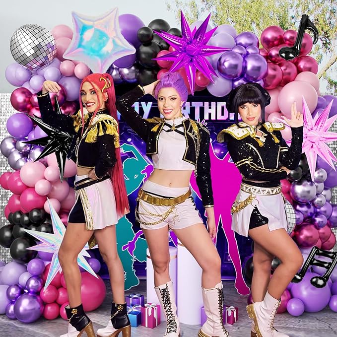 JOGAMS 175Pcs Dark Night Kpop Hunter Balloons Arch Kit, Black Metallic Pink Purple Disco Balloons with Iridescent Star Music Note Foil Balloons for K-Pop Music Disco Theme Birthday Concert-Style Stage