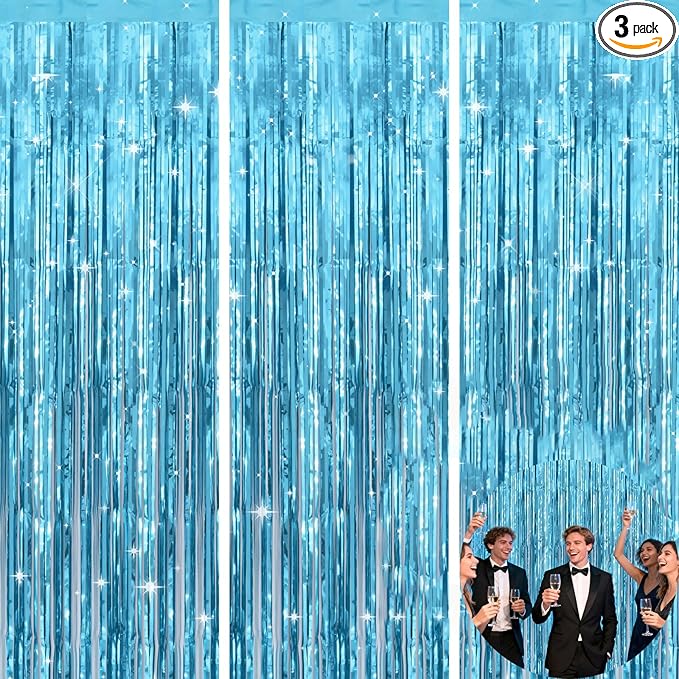 jijAcraft 3 Pack Light Blue Tinsel Foil Fringe Curtain, Party Photo Backdrop, Blue Background for Baby Shower Boy Birthday Ocean Themed Winter Wonderland Wedding Engagement New Year Decorations