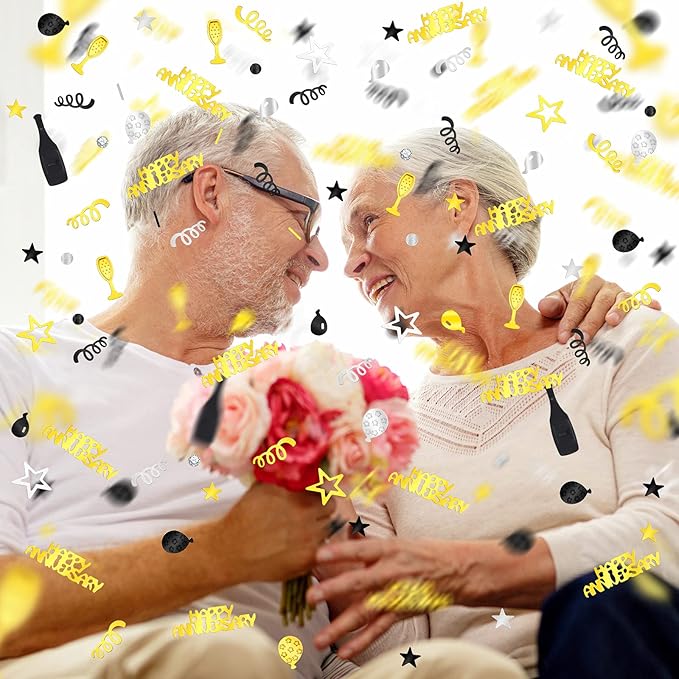 Skylety 3000 Pieces Happy Anniversary Confetti Party Decoration Scatter Confetti Metallic Foil Table Decorations for Anniversary Party DIY Arts Crafting Supplies(Gold, Silver, Black)