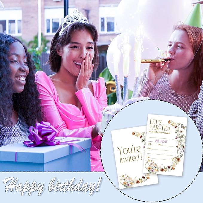 Let's Par-Tea Birthday Invitations, 25 Floral Tea Party Invites Cards with Envelopes, Double-Sided Fillable, Birthday Invitations for Teens Adults, Birthday Party Supplies (4 x 6 Inch) -A18