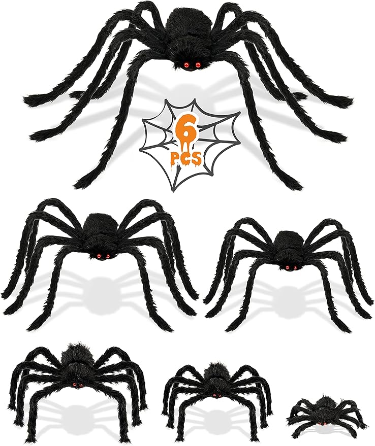 6 Packs Halloween Plush Spiders Set Scary Fake Spider for Indoor Outdoor Halloween Decor for Home Party Yard Haunted House Decorations (6 Different Sizes)