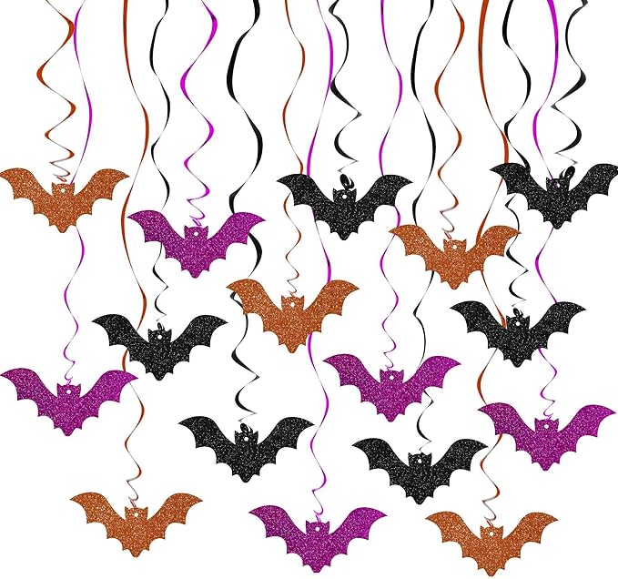 BEISHIDA Halloween Hanging Swirls Decorations, 16PCS Hanging Bats with 3 Color Swirls, Theme Party Decor for Indoor Halloween & Birthday Parties