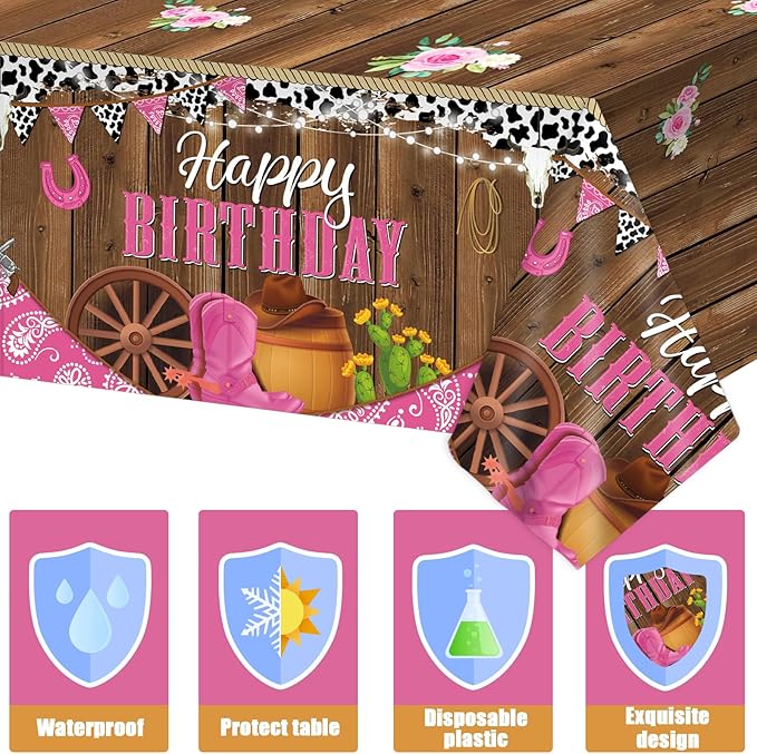 3 Pcs Western Cowgirl Birthday Party Tablecloth 108 x 54 Inch Cowgirl Theme Tablecover Plastic Cowboy Rodeo Table Cloth West Theme Party Decoration and Supplies for Girl Birthday Baby Shower Party