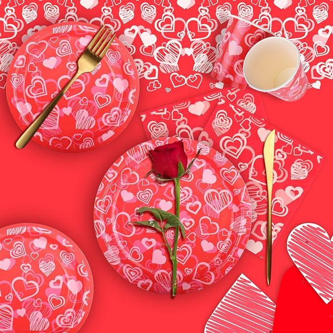 Gatherfun Valentine's Day Party Supplies Hot Heart Love Disposable Paper Plates Napkins Cups plastic Tablecloth with Banner for Valentine's Day, Engagements, Anniversary, Birthday Party Serve 25