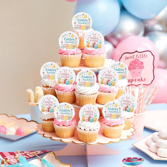 Ercadio 40 Pcs Edible Easter Eggs Cupcake Toppers Cute Rabbit Cupcake Decor Round Drink Topper Happy Easter Theme For Baby Shower Birthday Party Festive Cake Decoration Supplies