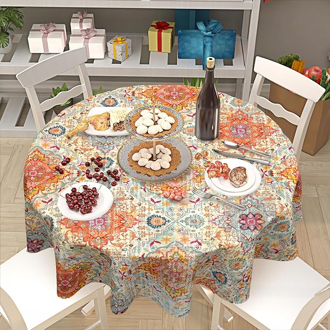 Boho Round Tablecloth Colorful Bohemian Circle Table Cloth 60 Inch Vintage Rustic Farmhouse Table Cover Washable Polyester Indoor Decorations for Home Kitchen Dinning Party