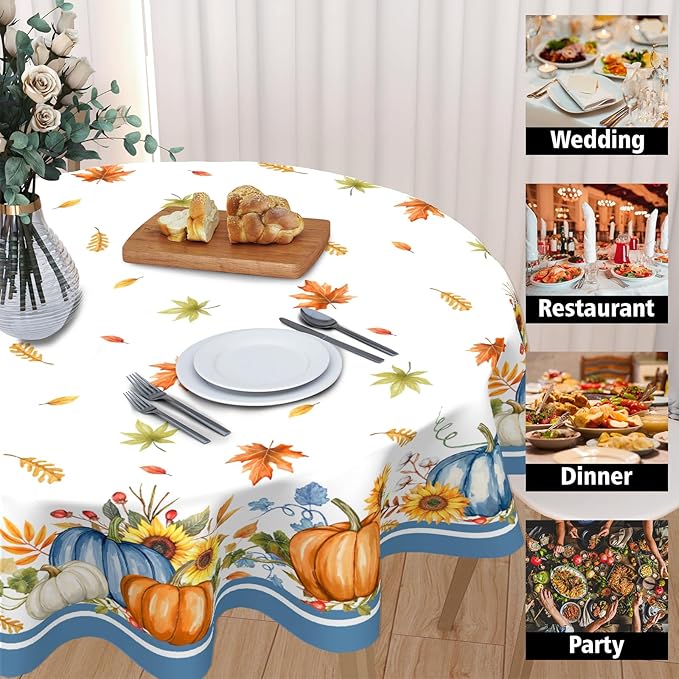 Fall Round Tablecloth 60 Inch Autumn Orange Pumpkin Outdoor Table Cloth Thanksgiving Tablecloth Maple Leaf Table Cover for Kitchen Dinner Room Holiday Party Home Decor