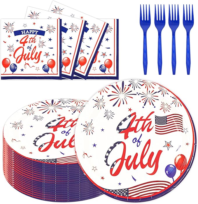 75PCS 4th of July Paper Plates and Napkins - Patriotic Themed Tableware Set Include 7in Paper Plates Napkins Forks Disposable Decoration Supplies for Independence Day Patriotic Party, Serve 25