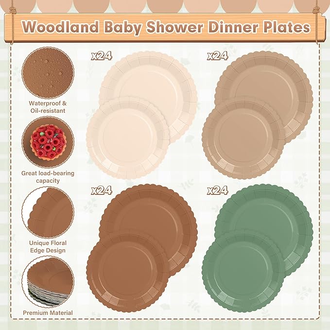 168 Pcs Woodland Baby Shower Tableware set Sage Green and Brown Party Supplies Include Forest Scalloped Plates Paper Napkin Cup Knife Fork Spoon for Safari Jungle Neutral Birthday,Wedding