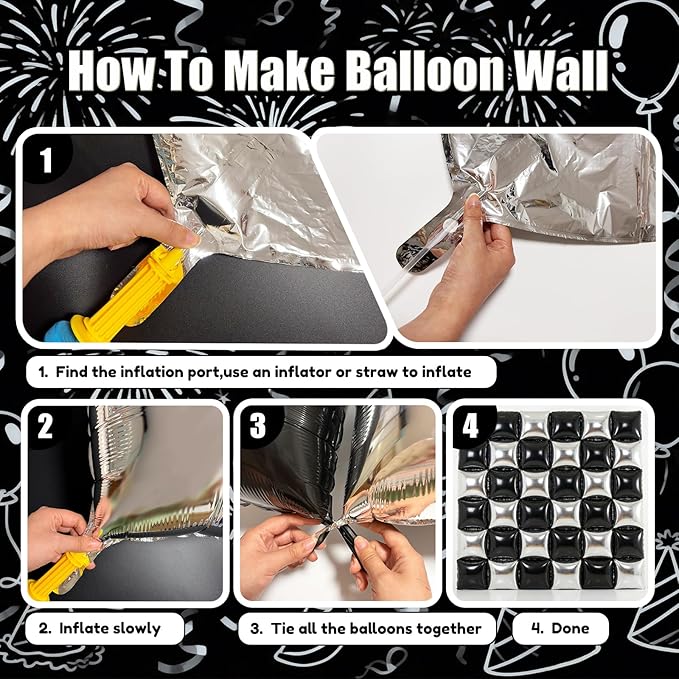 36PCS Square Foil Balloon Wall Backdrop,19 inch Double-Sided Metallic Balloons for Party,Wedding,Anniversary,Birthday,Graduation,Halloween,Shiny Balloon Decor (Black&Sliver)