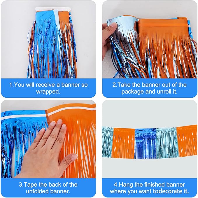 BEISHIDA 3 Packs Metallic Foil Fringe Garland Orange Bue Wall Hanging Tinsel Fringe Banners for Car Floats Birthday Party Decoration Baby Shower Backdrops Dog Theme Party Supplies(30 Feet)