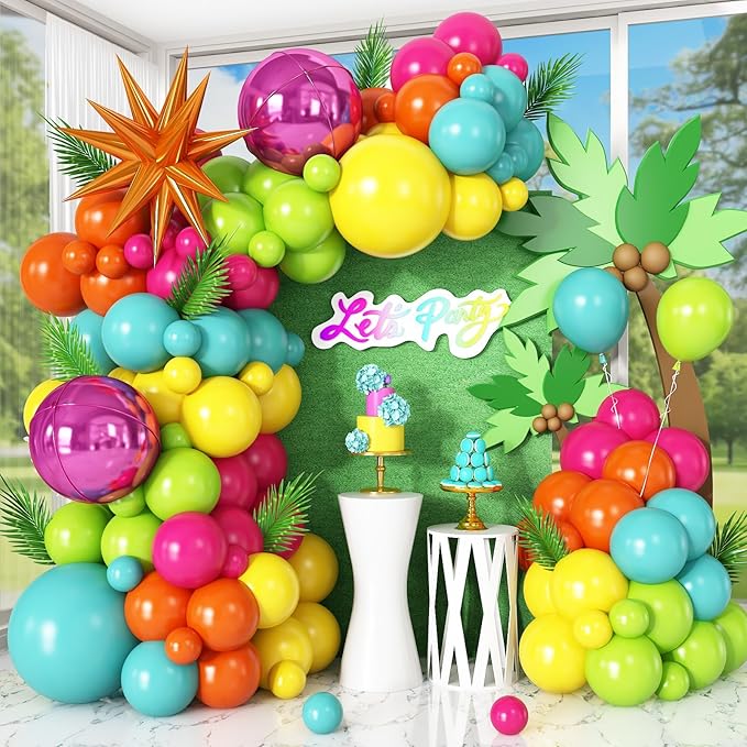 Tropical Balloon Arch Garland Kit with Hot Pink Teal Blue Green Orange Star Balloons Round Balloons for Girls Birthday Hawaiian Luau Summer Tropical Fiesta Party Decorations