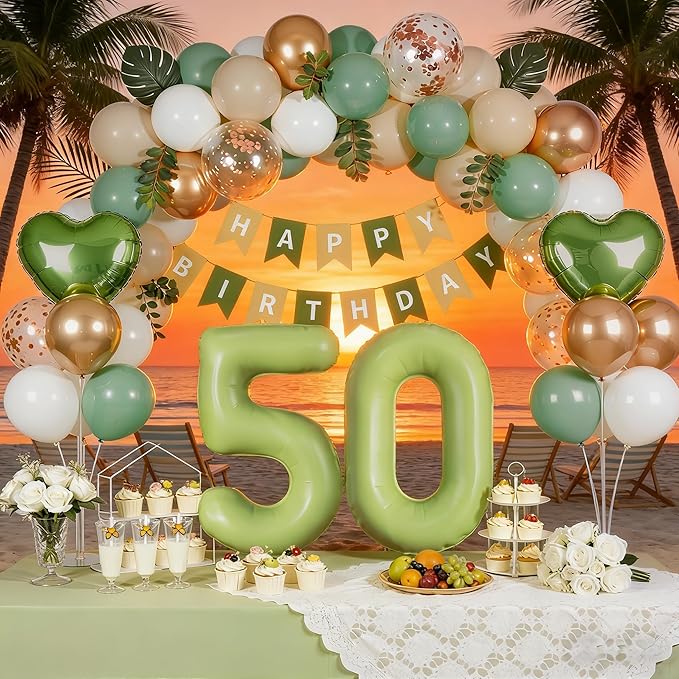 Sage Green 50th Birthday Decorations for Women Men, 50 and Fabulous Party Supplies, Sand White & Cream Balloon Kit with Green Number 50 Balloon and Fringe Curtains