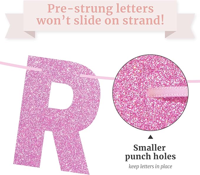 Pre-strung Happy Birthday Banner - No DIY - Pink Glitter Happy Birthday Party Banner for Girls & Women - Pre-strung on 8 ft Strands - Light Pink Bday Party Decorations & Decor. Did We Mention No DIY