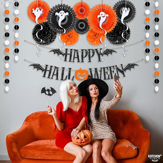 KatchOn, Hanging Halloween Decorations Set - Pack of 17 | Glittery Happy Halloween Banner, Garlands, Ghost Hanging Swirls, Orange Pumpkin, Paper Fan, Spooky | Halloween Decor Hanging Swirls