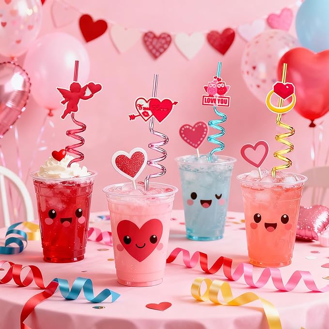Valentine’s-Day-Engagement-Wedding-Bachelorette-Party-Decoration-Supplies-Crazy-Straws-24PCS Reusable Party Drinking Straws for Valentine V-DAY Party Favors Bridal Shower Decor Bride to Be Gift