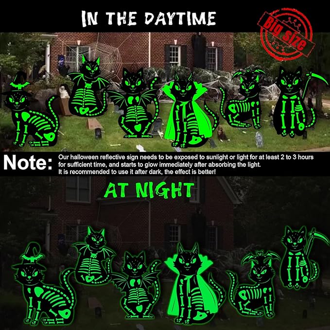 6Pcs Black Cat Halloween Decor Outdoor Glow in The Dark, 16.5”×12.6” Waterproof Spooky Graveyard Yard Stake, Scary Porch and Party Decoration, Light-Up Halloween Cat Sign