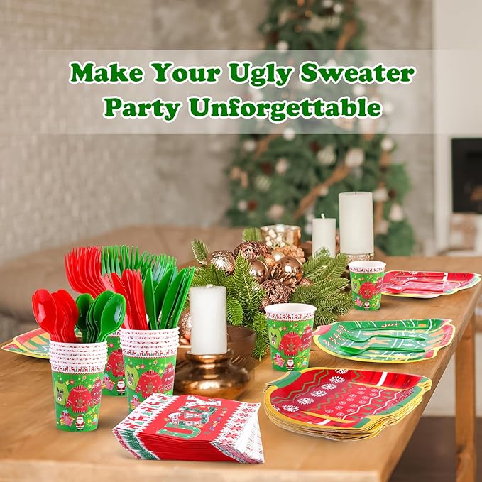 durony 168 Pieces Ugly Sweater Christmas Paper Plates Ugly Sweater Party Decorations Xmas Disposable Dinnerware Set Ugly Party Plates Napkins Cups Cutlery Party Supplies Set, Serves 24 Guests