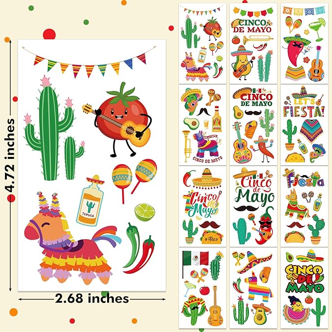 12 Sheets Fiesta Temporary Tattoos, Cinco De Mayo Stickers with Taco Pinata Cactus for Adults, Mexican Fake Tattoos for Cinco De Mayo Party Favors Supplies Accessories