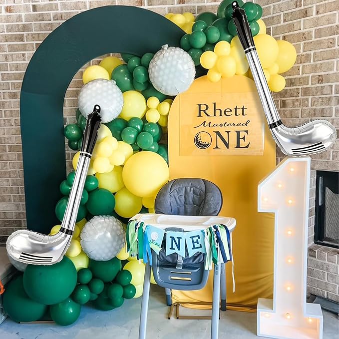 Hole in One Balloon Garland Arch Kit - 139 Yellow Green White Latex Balloons with Golf Cart and Ball Foil Balloons for Hole in One First Birthday Golf-Themed Retirement Party Decoration