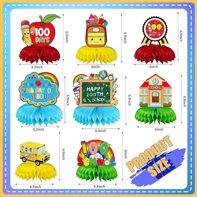 JULMELON 8 PCS 100 Days of School Decorations Honeycomb Centerpiece, 6 Inch Diameter, Red, Green, Yellow, Blue, Includes Honeycomb Centerpieces