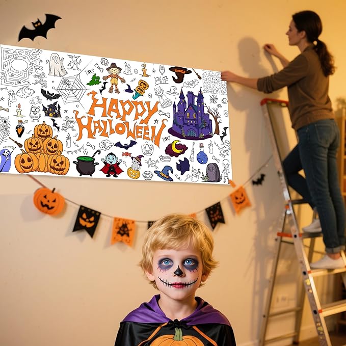 Halloween Giant Coloring Poster 30x72 Inch Versatile Paper Coloring Banner/Table Cover DIY Art Crafts Mat,for Kids Halloween Decor Large Coloring Activity Poster Home Classroom Wall Party Suppiles