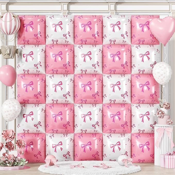 Pink and White Bow Square Foil Balloon Wall, 19 Inch 25Pcs Print Double Sided Baby Pink and Pearl White Balloon Backdrop Tunnel Arch Kit for Girls Women Birthdays Bridal Baby Shower Wedding
